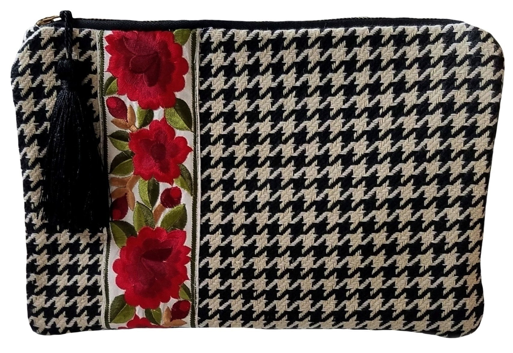 Red Roses Black Houndstooth Clutch Bag