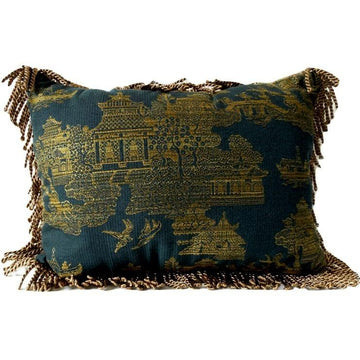 Gold Fringe Navy Chinoiserie Pillow