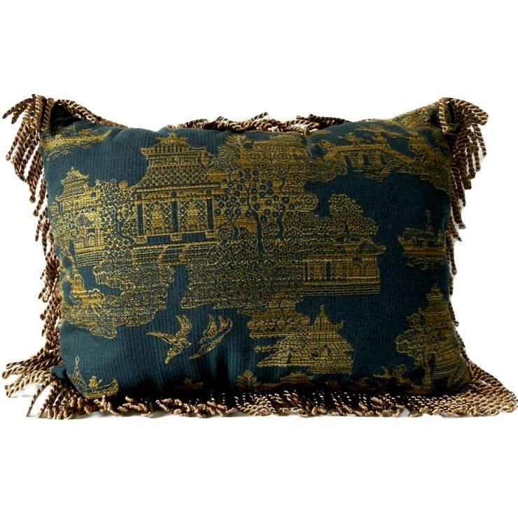 Gold Fringe Navy Chinoiserie Pillow
